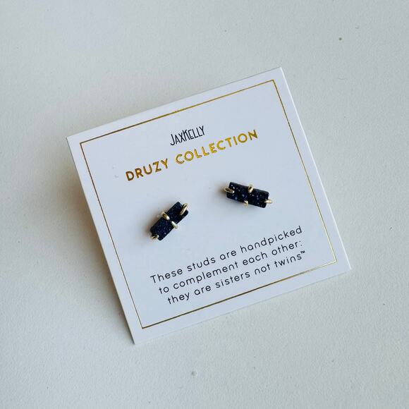 NEW ANTHROPOLOGIE JaxKelly 18kt Gold Navy Blue Druzy Stone Gemstone Bar Earring - Picture 5 of 8
